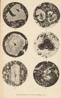 Six microscopic enlargements of minerals, page, photomechanical print, Image 1 is quartz, 2 is