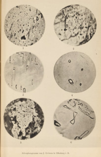 Six microscopic enlargements of minerals, page, photomechanical print, Image 1 is obsidian, 2 is
