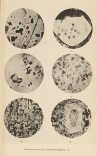 Six microscopic enlargements of minerals, page, photomechanical print, Image 1 is labradorite, 2 is