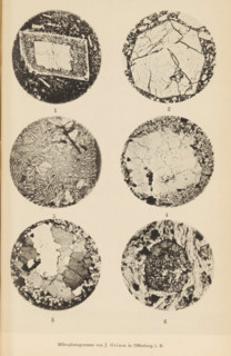 Six microscopic enlargements of minerals, page, photomechanical print, Image 1 is feldspar, 2 is