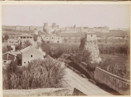 View of the Via Appia with the Porta San Sebastiano in Rome in the distance, photograph, page,