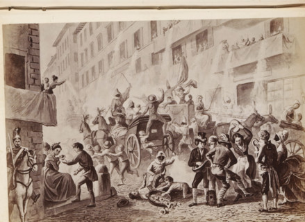 Photo reproduction of a drawing of carnival in Via del Corso in Rome, photograph, reproduction,