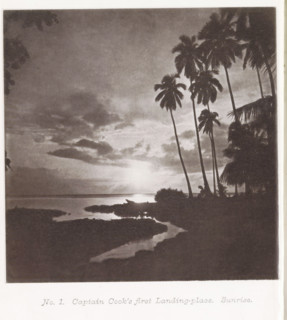 View of a beach with palm trees at sunrise on Tahiti, Captain Cook's first landing-place. Sunrise,
