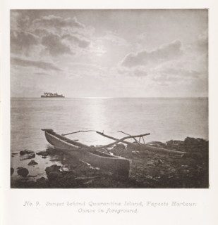 Sunset behind Quarantine Island, Papeete Harbour. Canoe in foreground, Sunset over the Pacific