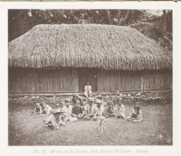 House at Mahaena, and Native Children.Tahiti, House in Mahaena with children from Tahiti in front