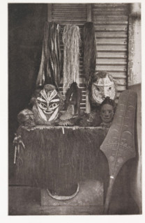 Masks and a paddle in Tahiti, Various masks, paddle, &c., page, photomechanical print, number: 'No.