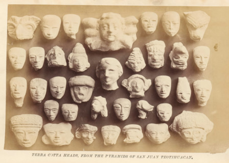 Terra cotta heads, from the pyramids of San Juan Teotihuacan, photograph, page, Mexico, c. 1870 -