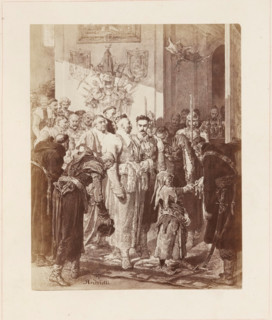 Photo reproduction of a painting depicting a governor in a room with men and a jester, photograph,