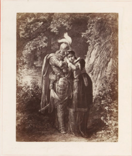Photo reproduction of a painting depicting a knight and a woman on a forest path, photograph,