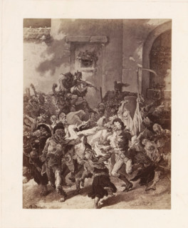 Photo reproduction of a painting probably depicting a party with a devil playing the violin and a