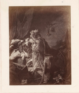 Photo reproduction of a painting depicting a man in front of a bed on which a woman lies, possibly