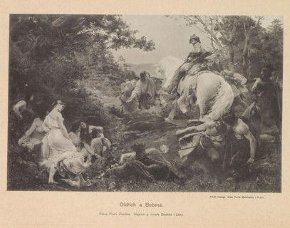 Photo reproduction of a painting depicting Duke Oldrich of Bohemia meeting Božena, Oldrich a