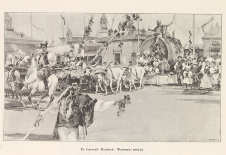 Ze slavnosti, Docesné' Slavnostní pruvod, Photographic reproduction of a painting, representing a