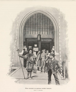 Pred vchodem do pavilonu turistuv ceských, Photo reproduction of a drawing depicting a view of the