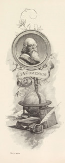 Photo reproduction of a drawing, depicting a portrait of Jan Amos Comenius above a globe and books,