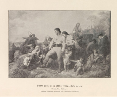 Photo reproduction of a painting depicting Bohemian peasants fleeing the Thirty Years' War, Cesti