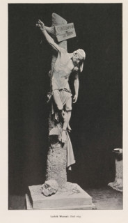 Statue depicting a plague victim on a tree, Ludvik Wurzel, page, photomechanical print, Prague,