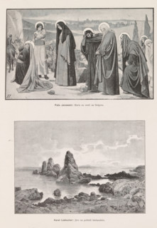 Two photo reproductions of paintings, depicting Mary on the road to Golgotha and a view of the