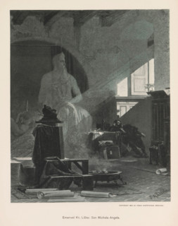 Photo reproduction of a painting depicting Michelangelo in his studio, Emanuel Kr. Liska: Sen