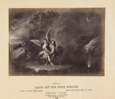 Photographic reproduction of a print after a painting of Jacob wrestling with an angel by Bartolomé