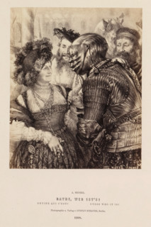 Photo reproduction of a drawing of a woman who has to guess who is in armor by Adolf Menzel, Rathe,