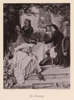 The Birthday, Photographic reproduction of a painting of people at a table and a girl reaching out