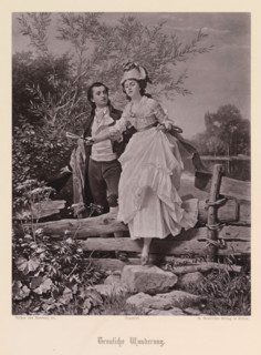 Trauliche Wanderung, Photo reproduction of a painting of a young man and woman passing a wooden