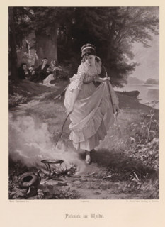 Photographic reproduction of a painting of a woman by a campfire and a group under a tree, Picnic