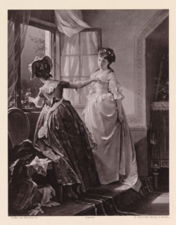 Photo reproduction of a painting of a bride being dressed by another woman, Brautschmückung,