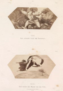 Photo reproductions of prints after frescoes depicting God by Raphael for the loggias in the
