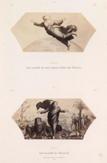 Photo reproductions of prints after frescoes depicting God by Raphael for the loggias in the