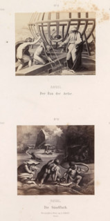 Photo reproductions of prints after frescoes depicting the construction of Noah's Ark and the Flood
