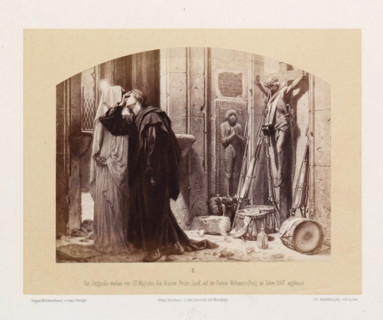 Photo reproduction of a drawing of an interior of a destroyed church with weapons on a statue of