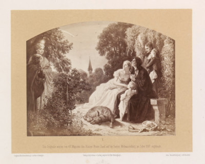 Photo reproduction of a drawing of a group in a garden looking at a streak of light in the sky,