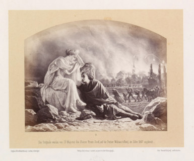 Photo reproduction of a drawing of a man and a woman in front of a burning city from which people