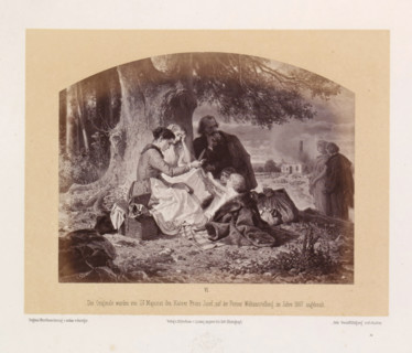 Photo reproduction of a drawing of a group with belongings and food under a tree in front of a