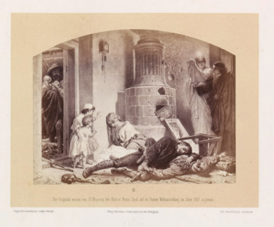 Photo reproduction of a drawing of an interior with dying people and hungry children, Nichts als