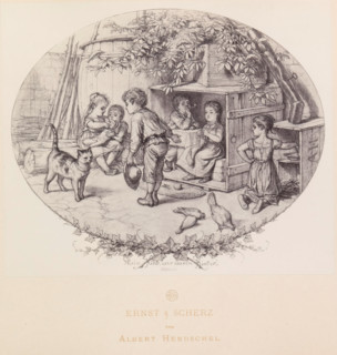 Photo reproduction of a drawing of children playing outside, Ernst & Scherz, reproduction, page,