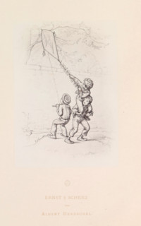 Photo reproduction of a drawing of three children trying to retrieve a kite from a tree, Ernst &