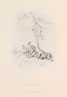 Photo reproduction of a drawing of three children who have fallen while trying to retrieve a kite