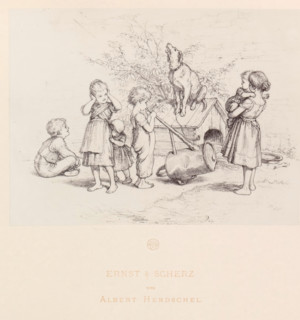 Photo reproduction of a children's drawing in front of a doghouse with a barking dog, Ernst &