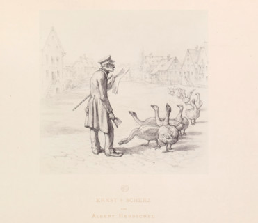 Photo reproduction of a drawing of a man with a newspaper and a bell and a flock of geese in front