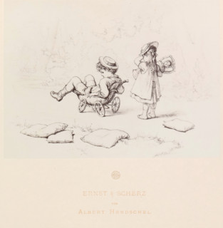 Photo reproduction of a drawing of a boy sitting in a doll's pram with a crying girl behind him