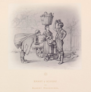 Photo reproduction of a drawing of two people offering merchandise to a man with a top hat, Ernst &