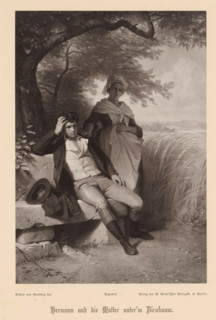 Photo reproduction of a painting depicting Hermann and his mother under a pear tree, Hermann und