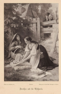 Photo reproduction of a painting depicting Dorothea helping a woman in childbirth, Dorothea and the