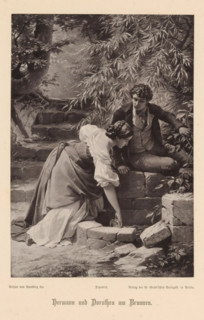 Photo reproduction of a painting depicting Hermann and Dorothea at the well, Hermann und Dorothea