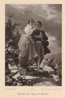 Photo reproduction of a painting depicting Hermann and Dorothea returning home, Heimkehr beim Anzug