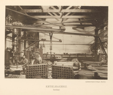 Boiler shop. Drilling room, Interior with employees of the boiler shop of the machine factory of