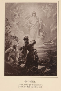 Easter celebration, Photographic reproduction of a painting of a woman seen from the back before an